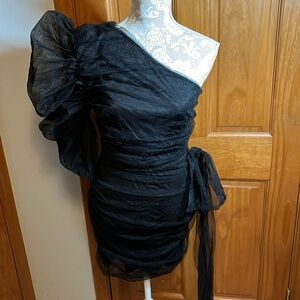 Black puffy one sleeve rouched dress with attached sash and middle back seam